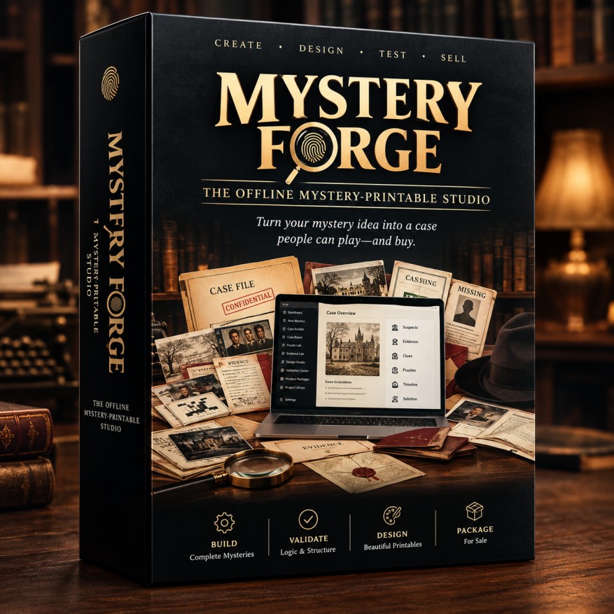 Mystery Forge software-box mockup with a laptop, detective case files and printable clues, promising to turn a mystery idea into a case people can play and buy