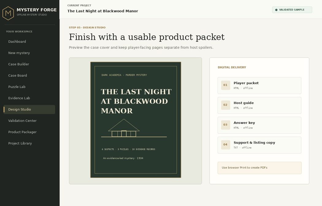 Illustrative product packet preview showing the Blackwood Manor mystery cover and separate player, host, answer and support files